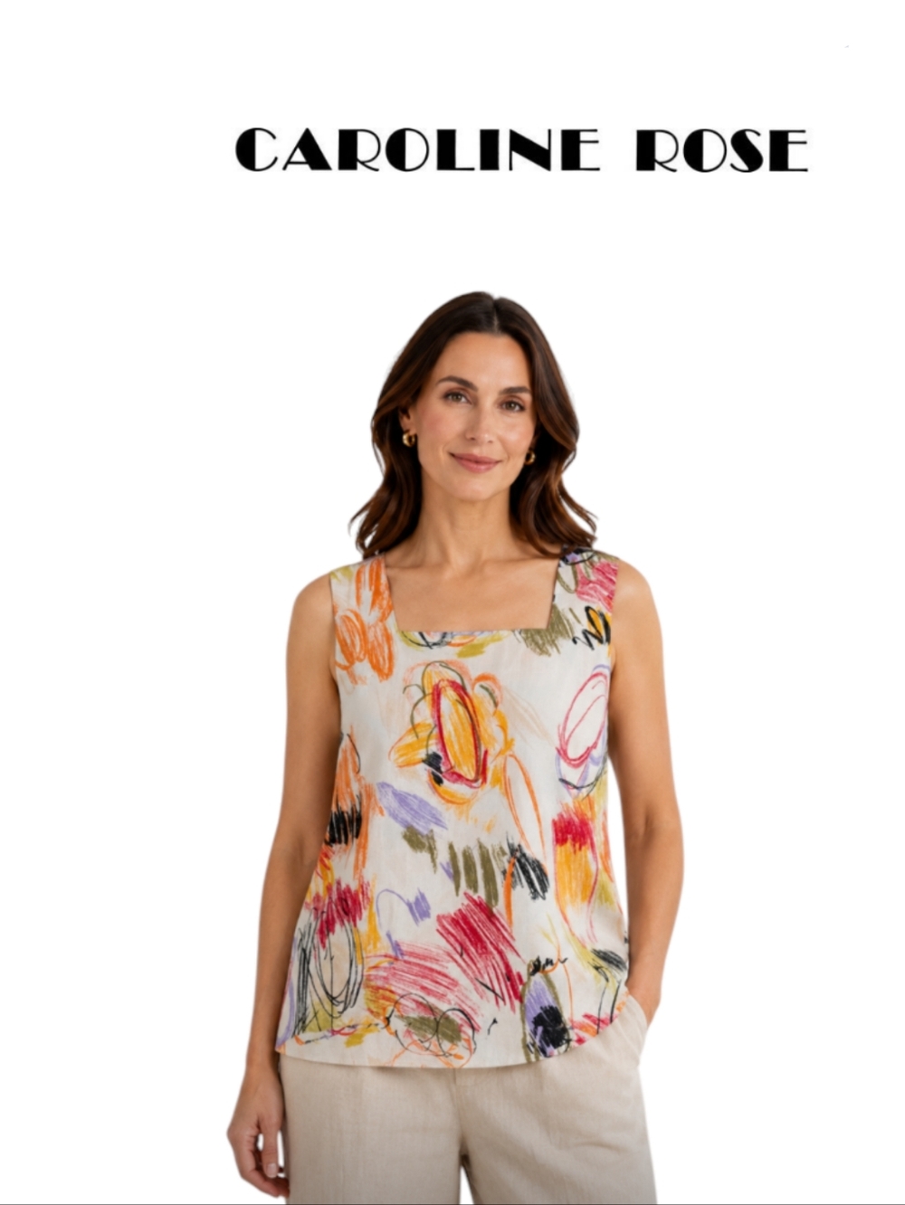 Vintage Caroline Rose Linen Abstract Floral-Inspired Colorful Sleeveless Tank